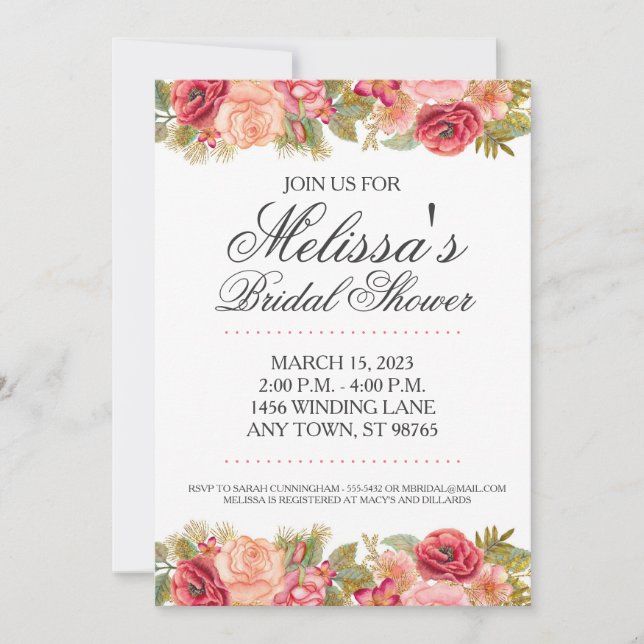 Custom Bridal Shower Invite, Pink and Gold Rose Invitation (Front)