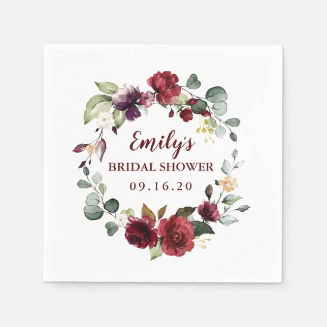 Custom Bridal Shower Napkins Maroon Flower Wreath (Front)
