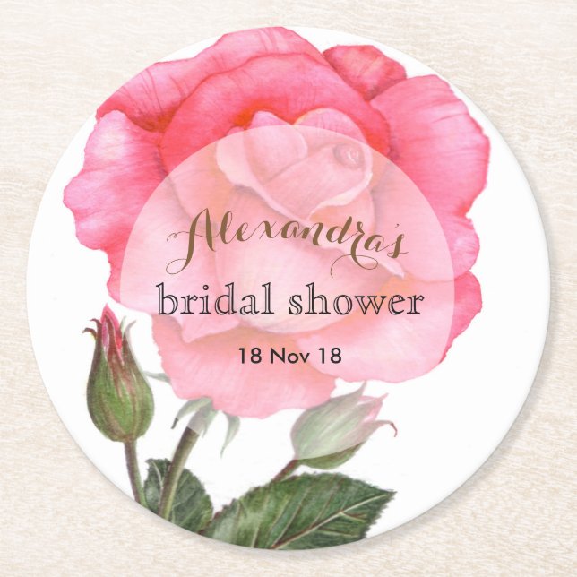 Custom Bridal Shower Pink Rose Coaster (Front)