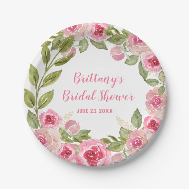Custom Bridal Shower Wild Pink Roses Greenery Paper Plate (Front)