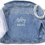 Custom Bridal Wedding Script Jean Denim Jacket<br><div class="desc">Get yourself and your wedding party a matching custom denim jean bridal jacket, and have wonderful memories with beautiful bridal showers and wedding day photoshoots! Custom design with the ability to add name, and below section for bridal party title, so you can use this same jacket design for all of...</div>
