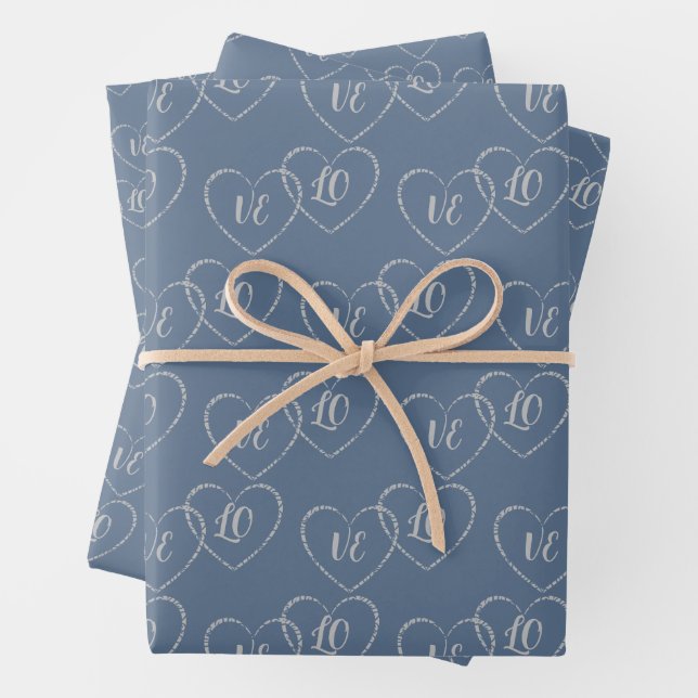 Custom Bride and Groom Heart Charms, Silver & Blue Wrapping Paper Sheet (In situ)