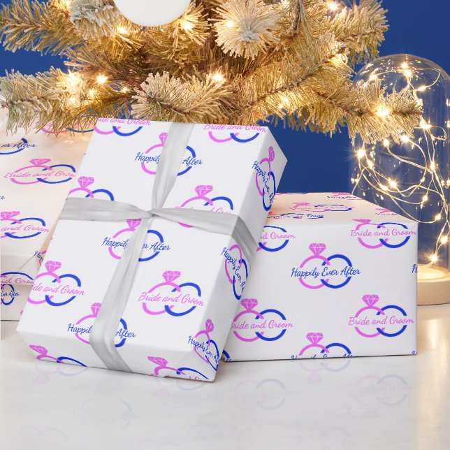 Custom Bride and Groom Wedding Rings Pink and Blue Wrapping Paper (Holidays)