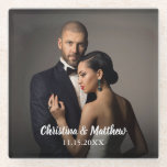 Custom Bride and Groom's Photo Glass Coaster<br><div class="desc">Celebrate the bride and groom with glass coasters personalised with a photo of the happy couple. This design has a text template to customise with the bride and groom's names and wedding date as well as a photo template for uploading your desired photo. Personalise as you desire to suit your...</div>