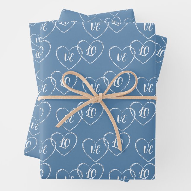 Custom Bride & Groom Blue & White Heart Charms Wrapping Paper Sheet (In situ)