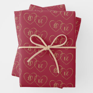 Custom Bride & Groom Gold Heart Charms on Burgundy Wrapping Paper Sheet