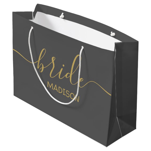 Custom Bride Name Girly Chic Gold Script Grey Large Gift Bag (Back Angled)