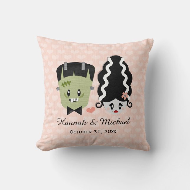 Custom Bride of Frankenstein and Monster Wedding Cushion (Front)