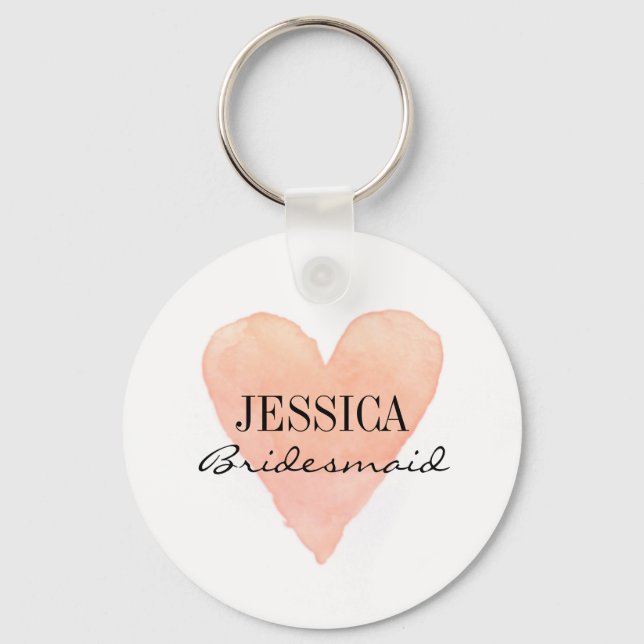 Custom bridesmaid coral watercolor heart keychains (Front)