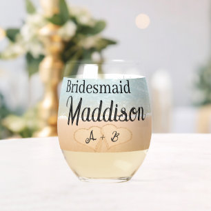 Custom Bridesmaid gift Beach Wedding Heart Sand Stemless Wine Glass