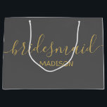Custom Bridesmaid Name Girly Chic Gold Script Grey Large Gift Bag<br><div class="desc">Personalised Modern Girly Chic Feminine Gold Script Grey Bridesmaid Gift Bag
Customised gift bags for your event! 
A perfect touch to your wedding,  reception,  shower,  party or event.</div>
