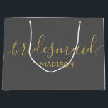 Custom Bridesmaid Name Girly Chic Gold Script Grey Large Gift Bag<br><div class="desc">Personalised Modern Girly Chic Feminine Gold Script Grey Bridesmaid Gift Bag
Customised gift bags for your event! 
A perfect touch to your wedding,  reception,  shower,  party or event.</div>