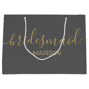 Custom Bridesmaid Name Girly Chic Gold Script Grey Large Gift Bag
