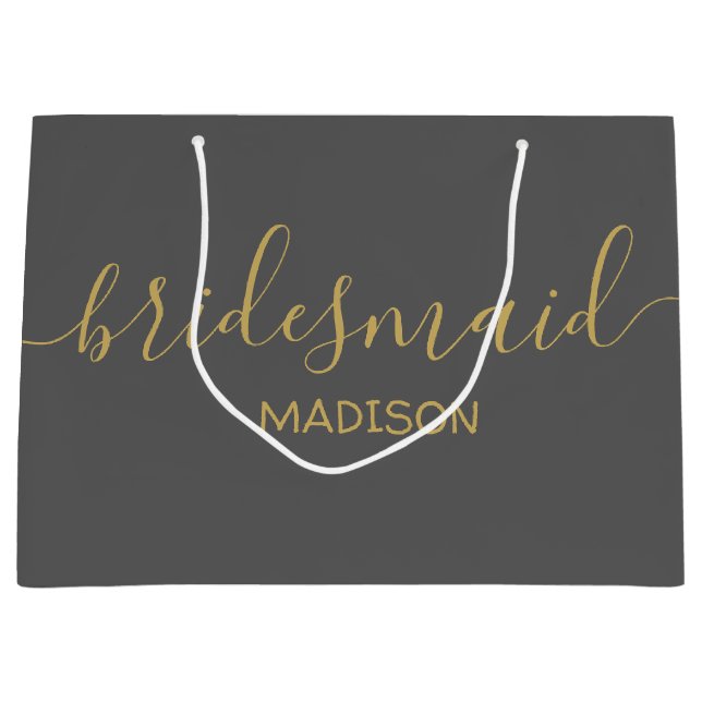 Custom Bridesmaid Name Girly Chic Gold Script Grey Large Gift Bag (Front)