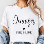 Custom bridesmaid name shirt, Bachelorette Party T-Shirt<br><div class="desc">Celebrate love in style with this Personalized Bride & Bridesmaid T-Shirt, designed in a simple, stylish script with elegant calligraphy. Perfect for weddings and pre-wedding celebrations, this shirt adds a chic and coordinated look to your bridal party. Customize each shirt with names, roles, or phrases like Bride, Bridesmaid, Future Mrs,...</div>