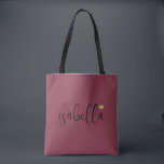 Custom Bridesmaid Script Name Burgundy Tote Bag<br><div class="desc">A chic modern burgundy bag with black script name and gold heart that's perfect for a bridesmaid proposal. Your bridesmaids can fill their tote with essentials for Bachelorette Party trips,  or for essentials to bring on the morning of the wedding.</div>