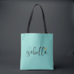 Custom Bridesmaid Script Name Light Teal Tote Bag<br><div class="desc">A chic modern light teal bag with black script name and gold heart that's perfect for a bridesmaid proposal. Your bridesmaids can fill their tote with essentials for Bachelorette Party trips,  or for essentials to bring on the morning of the wedding.</div>