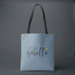 Custom Bridesmaid Script Name  Tote Bag<br><div class="desc">A chic modern dusty blue bag with black script name and gold heart that's perfect for a bridesmaid proposal. Your bridesmaids can fill their tote with essentials for Bachelorette Party trips,  or for essentials to bring on the morning of the wedding.</div>