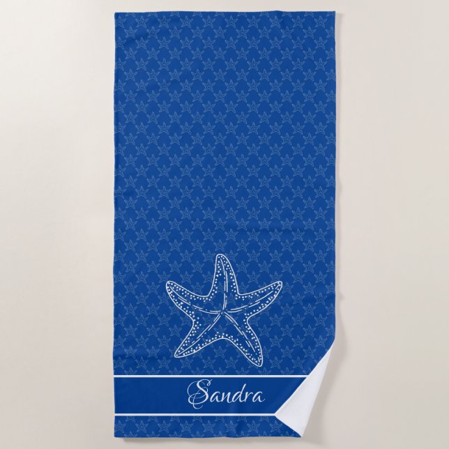 Custom Bright Blue White Chic Beach house Starfish Towel (Front)