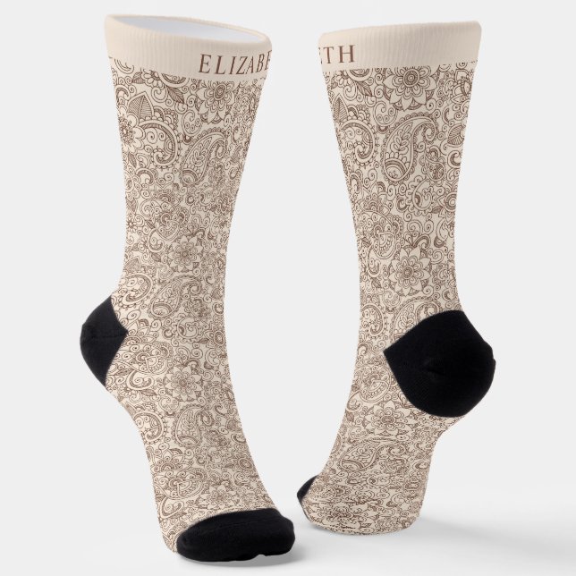 Custom Bright Cream Light Yellow Paisley Pattern  Socks (Angled)