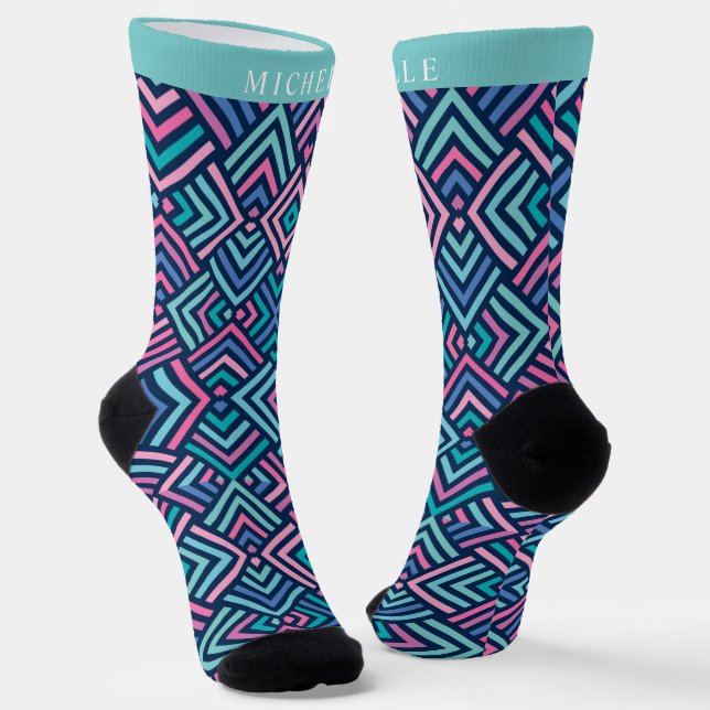 Custom Bright Light Dark Blue Pink Geometric  Socks (Angled)
