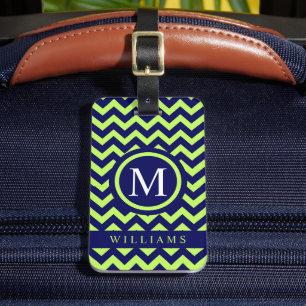 Custom Bright Lime Green Navy Blue Chevron Pattern Luggage Tag