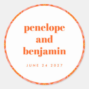 Custom Bright Orange Retro Typography Wedding Name Classic Round Sticker