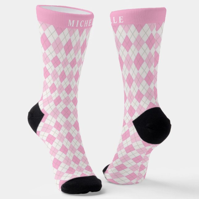 Custom Bright Pastel Pink White Argyle Pattern Socks (Angled)