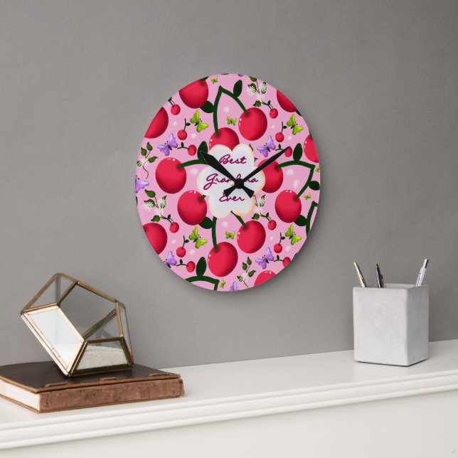 Custom Bright Pink Floral Cherry Pattern gift Large Clock (Office)