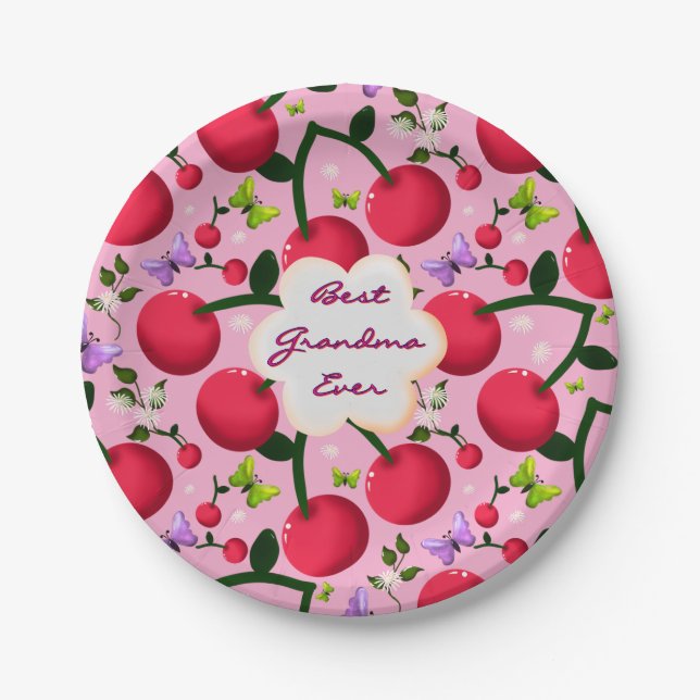 Custom Bright Pink Floral Cherry Pattern gift Paper Plate (Front)