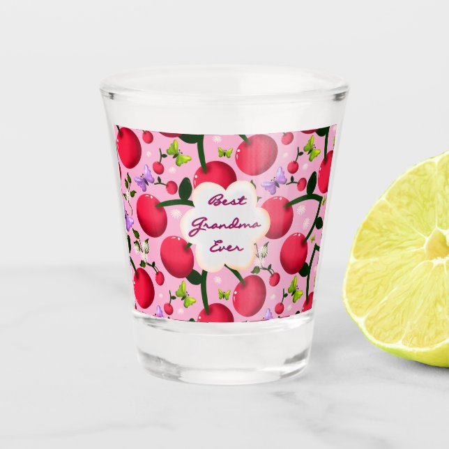 Custom Bright Pink Floral Cherry Pattern gift Shot Glass (Front)