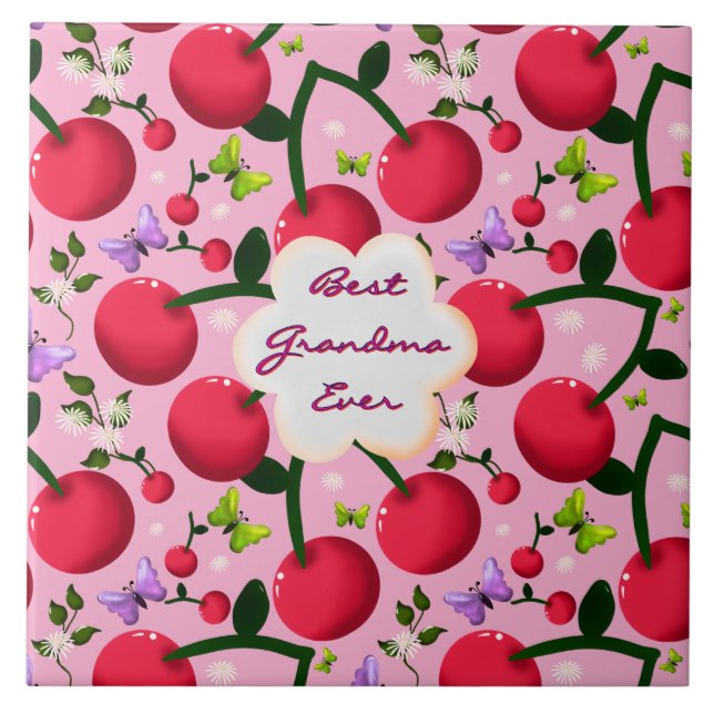 Custom Bright Pink Floral Cherry Pattern gift Tile (Front)