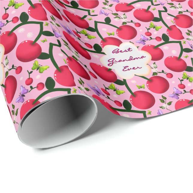 Custom Bright Pink Floral Cherry Pattern gift Wrapping Paper (Roll Corner)