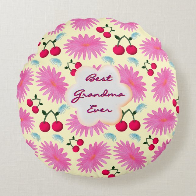 Custom Bright Pink Floral Cherry Pattern  Round Cushion (Front)