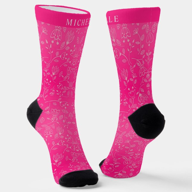 Custom Bright Pink Floral Silver Flowers Socks (Angled)