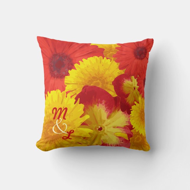 Custom Bright Red Daisies Yellow Chrysanthemums Cushion (Front)