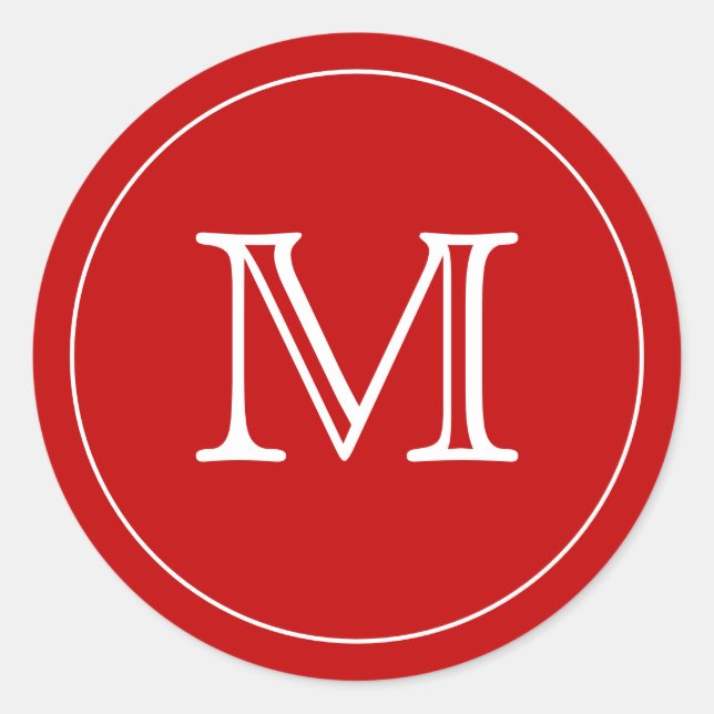 Custom Bright Red White Monogram Letter Classic Round Sticker (Front)
