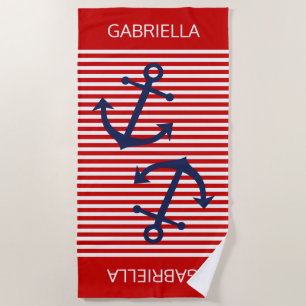 Custom Bright Red White Preppy Stripes Pattern Beach Towel