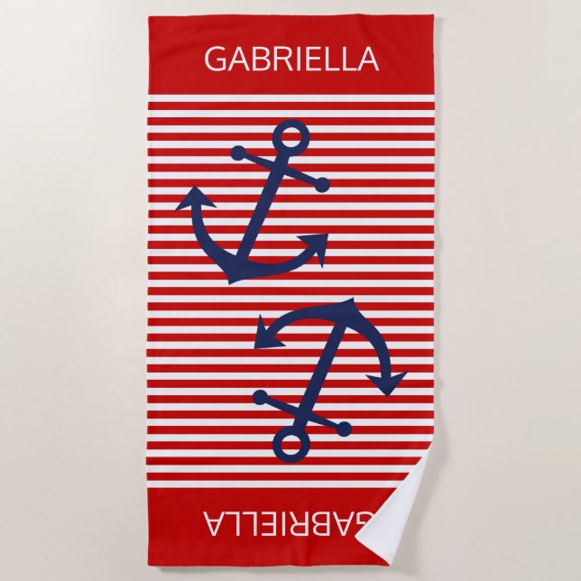 Custom Bright Red White Preppy Stripes Pattern Beach Towel (Front)
