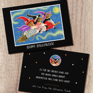 Custom Broomstick Mice Witches Halloween Flat Card