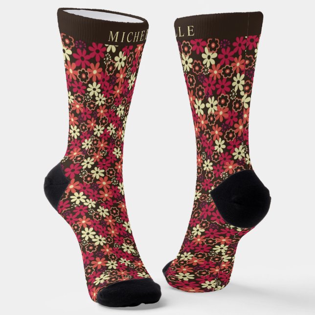 Custom Brown Floral Yellow Pink Orange Flowers Socks (Angled)