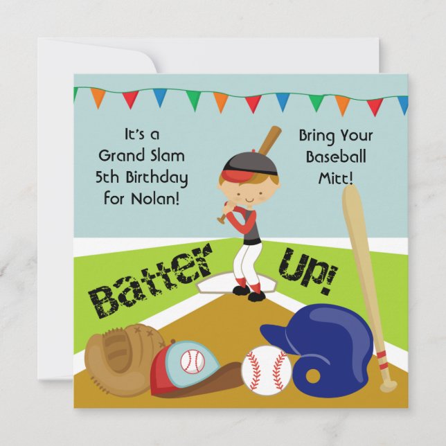 Custom Brown Hair Boy Baseball Birthday Invitation (Front)