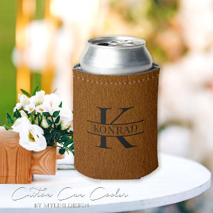 Custom Brown Leather Print Monogram Can Cooler