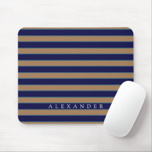 Custom Brown Navy Blue Stripes Monogrammed Mouse Mat
