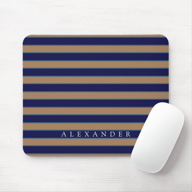 Custom Brown Navy Blue Stripes Monogrammed Mouse Mat (With Mouse)