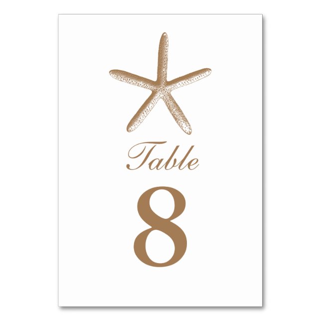 Custom Brown Starfish Beach Wedding Table Numbers (Front)