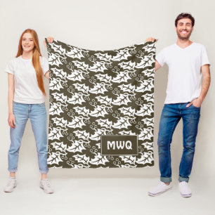 Custom Brown White MONOGRAM Holly Leaves Fleece Blanket
