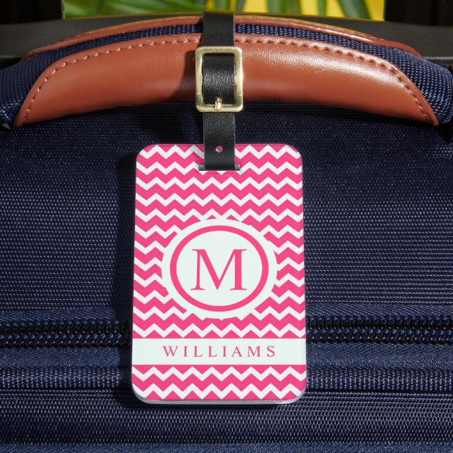 Custom Bubblegum Pink White Chevron Pattern Luggage Tag (Front Insitu 2)