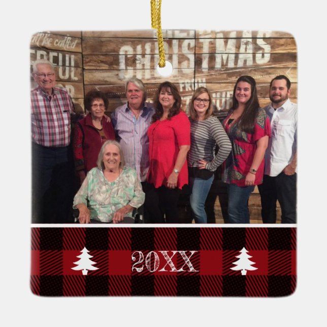 Custom Buffalo Plaid 2-Sided Family Photo Ceramic Ornament (Front)