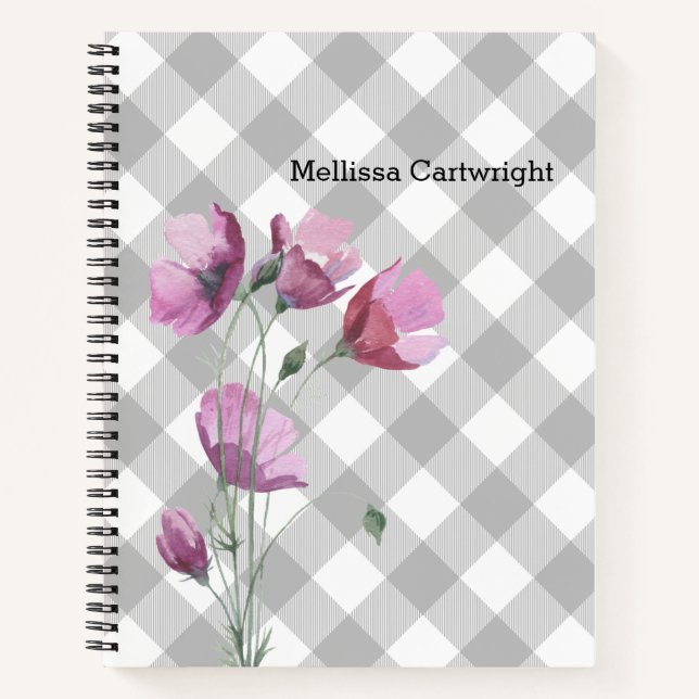 Custom Buffalo Plaid and Pink Flowers Notebook (Front)
